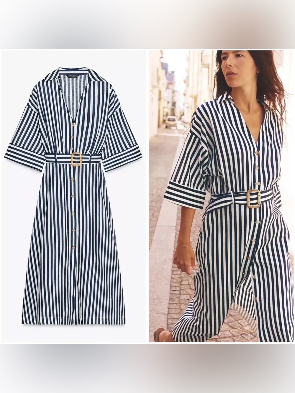 Zara NWT Linen Striped Midi Shirt Dress Size S - Picture 2 of 8